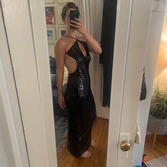 Black Sequin Keyhole Halter Backless Black Tie NWOT - Picture 4 of 10